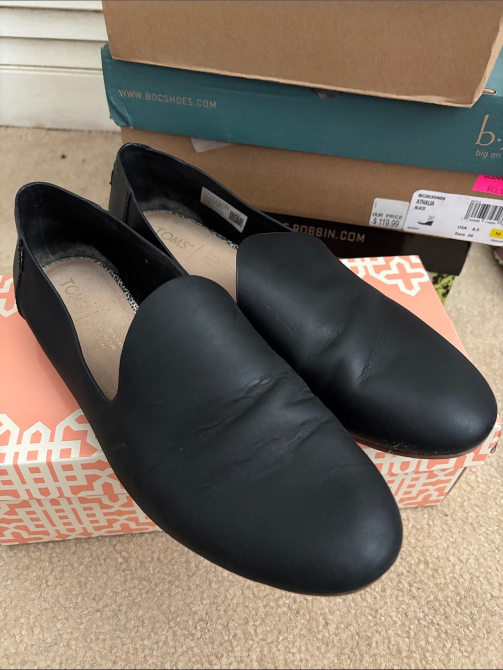 Toms Black Leather Slip-On Loafers